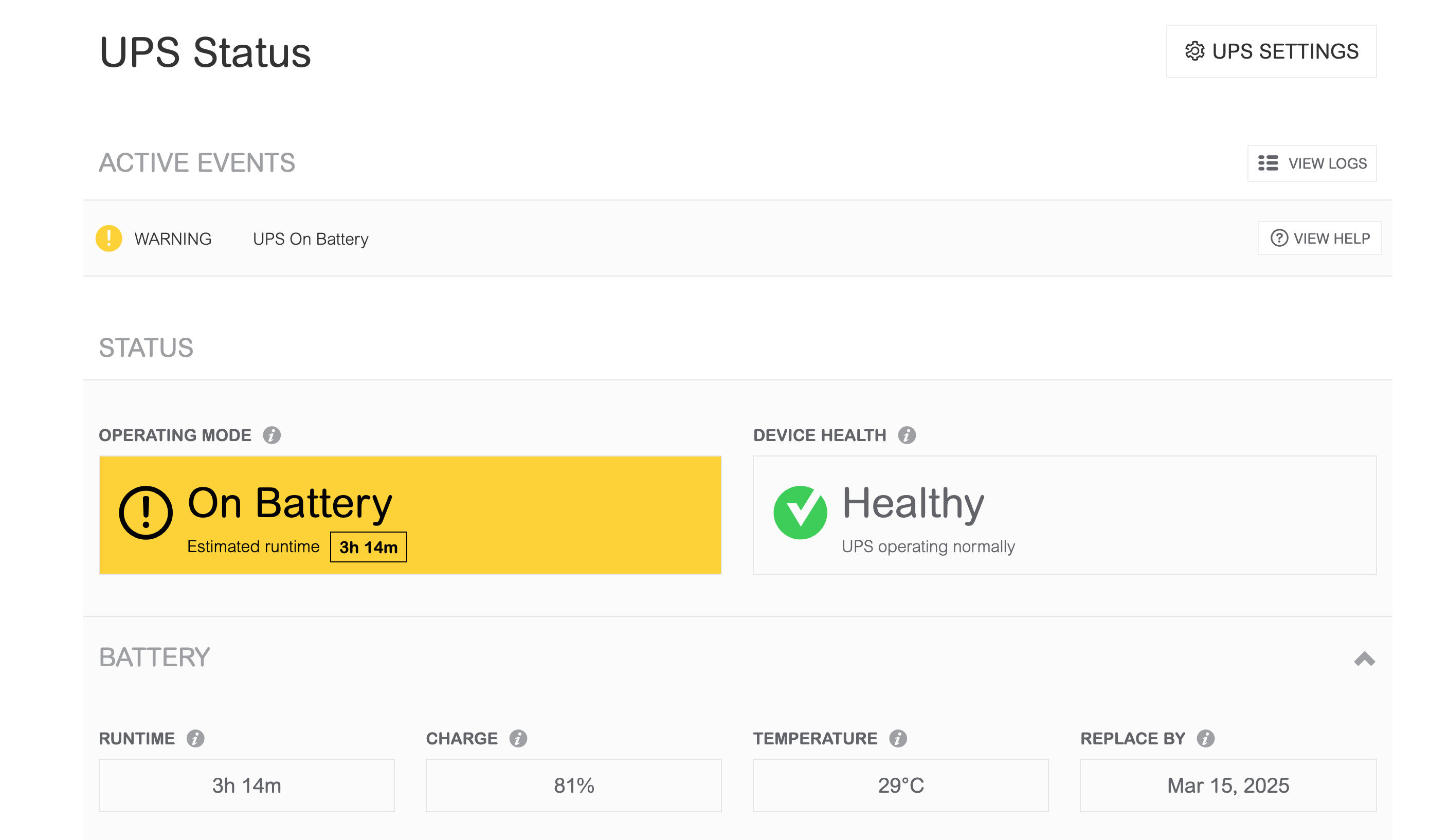 The UPS's warning status showing via the "cloud enabled" feature on APC's website when the UPS is in battery mode