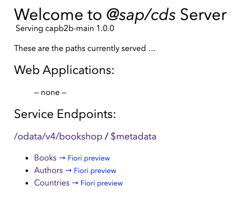 The CAP server landing page showing the Books, Authors and Countries entity sets